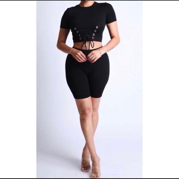 Black Two Piece Biker Short Lounge Wear Set - Picture 5 of 6